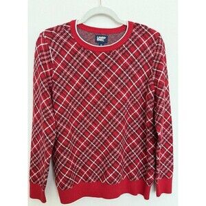 Lands End Women’s Lofty Jacquard Red Biased Tartan Sweater Sz M Cotton Blend